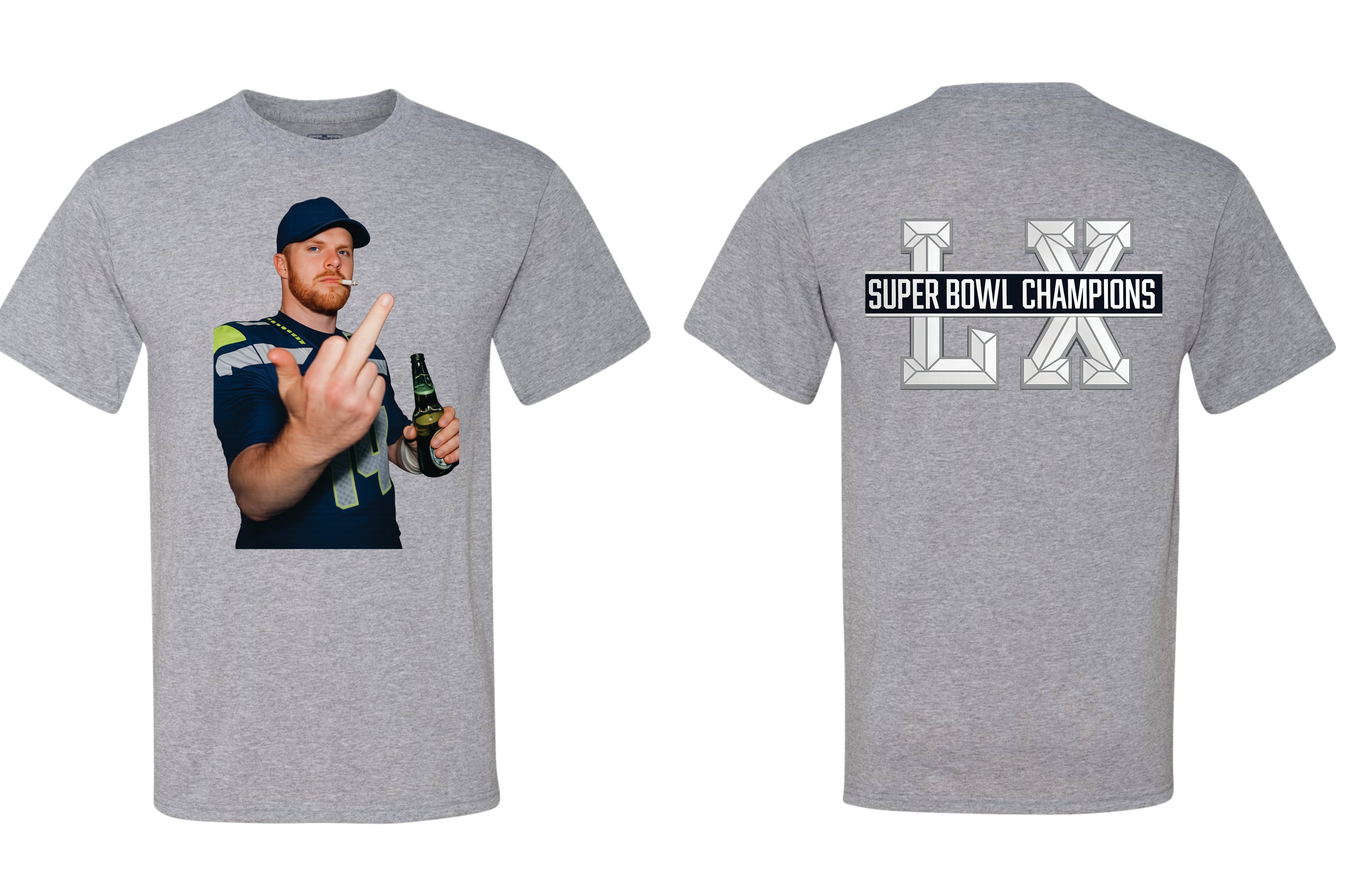 Sam Darnold Beer Cigarette Middle Finger Shirt - Front & Back - Superbowl Parade - Seahawks Shirt