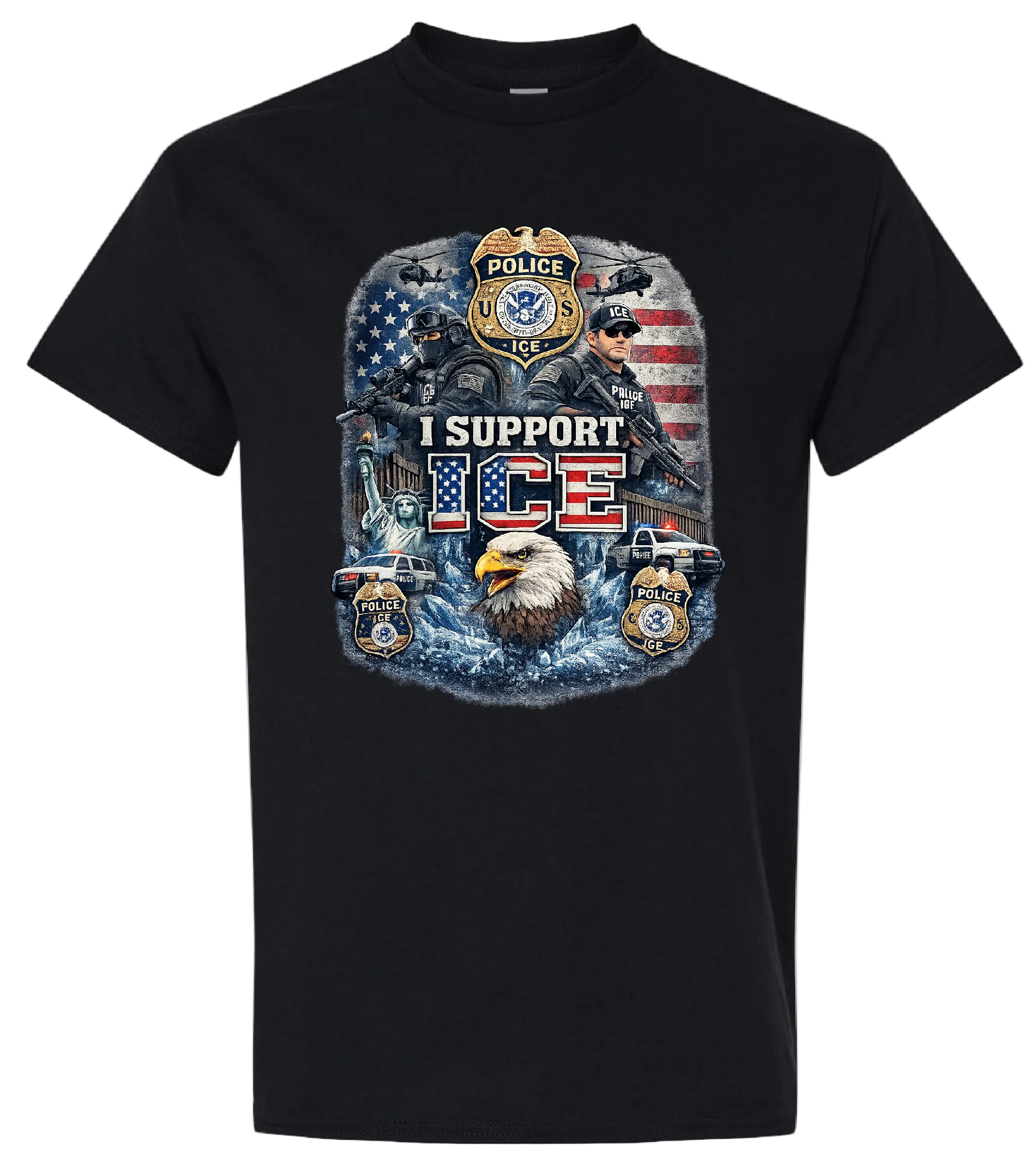 Black t-shirt with 'I Support ICE' graphic design featuring police officers and an American flag.