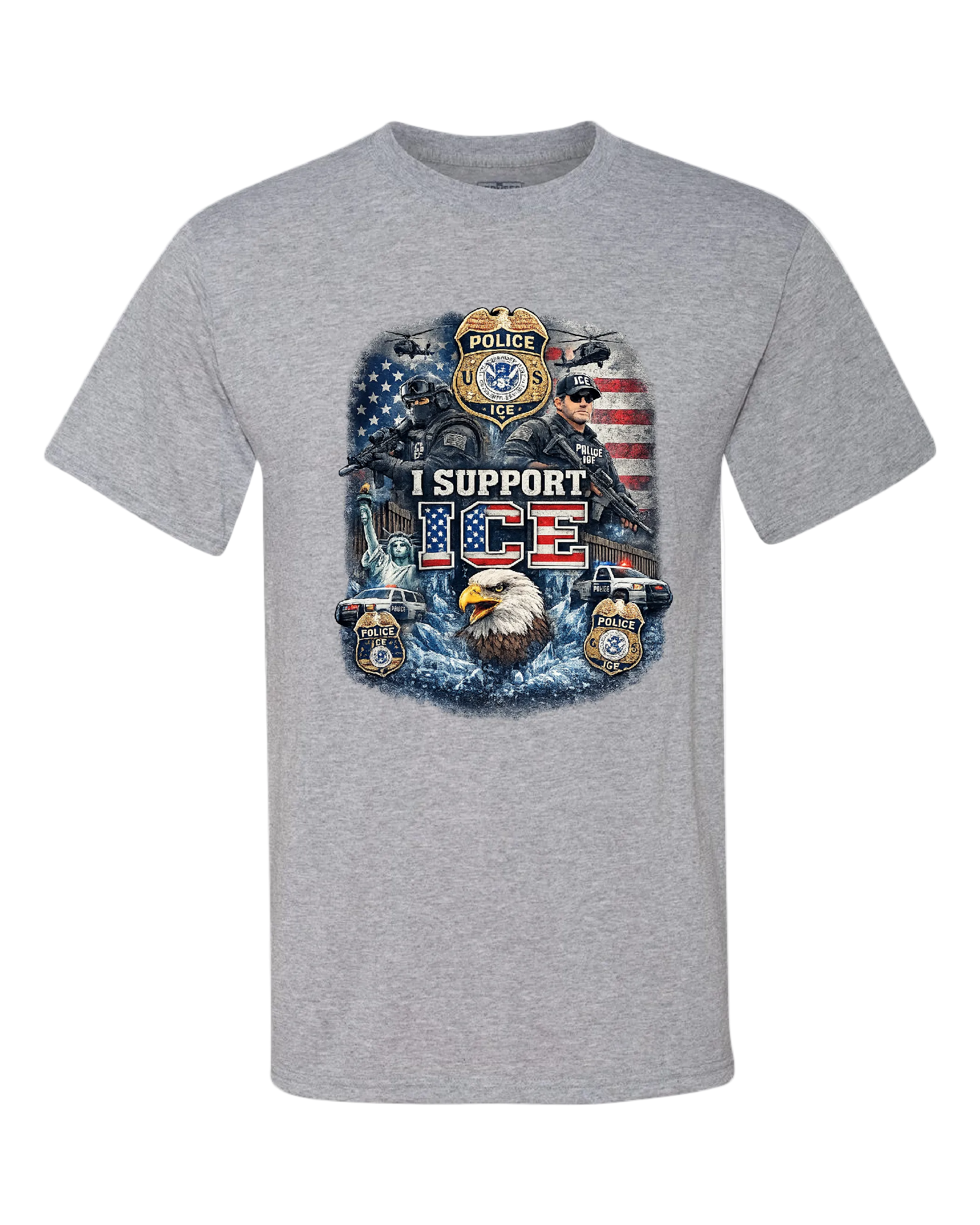 Gray t-shirt with police-themed graphic and 'I Support ICE' text