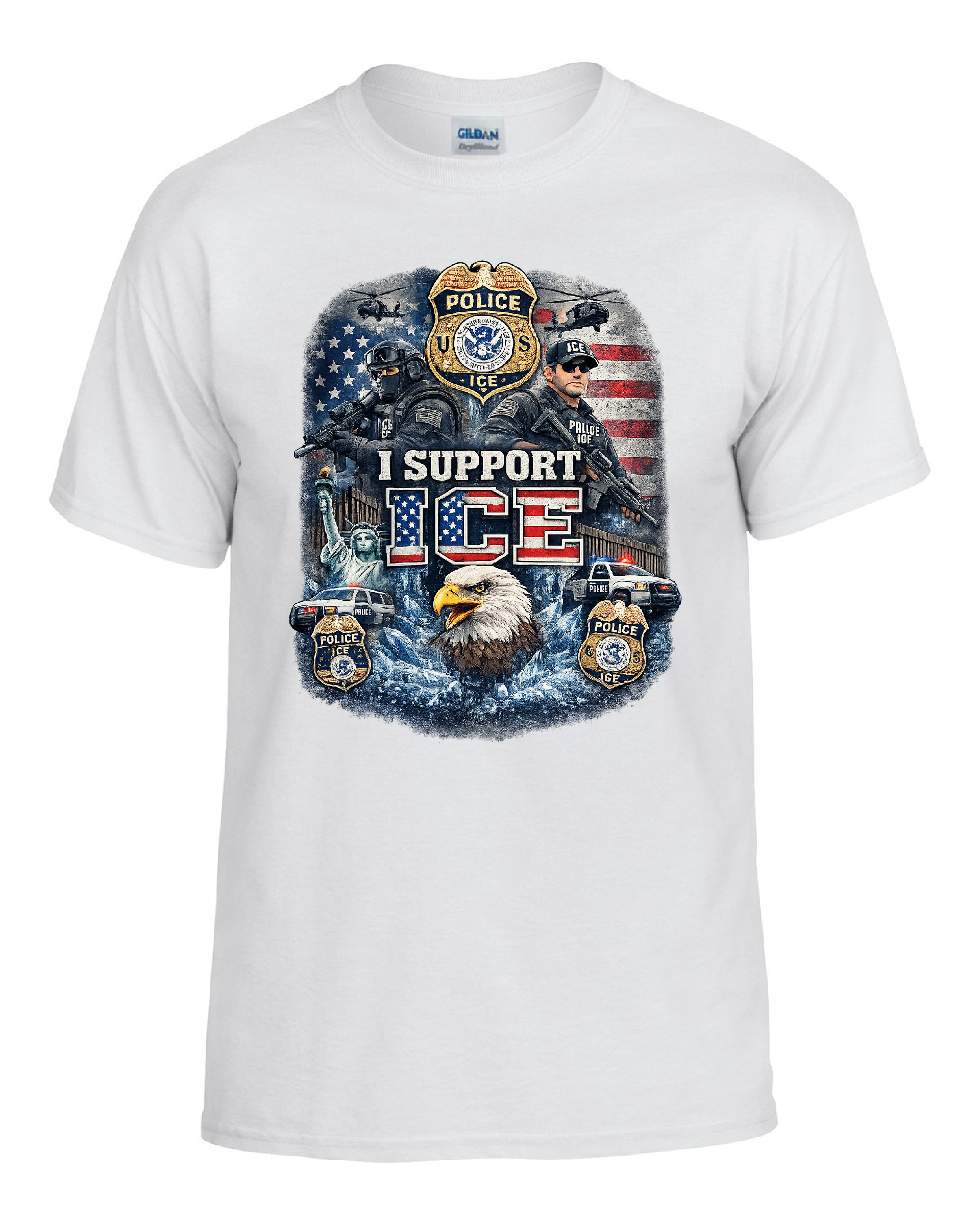 White t-shirt with a graphic design featuring police officers, an eagle, and text on a white background