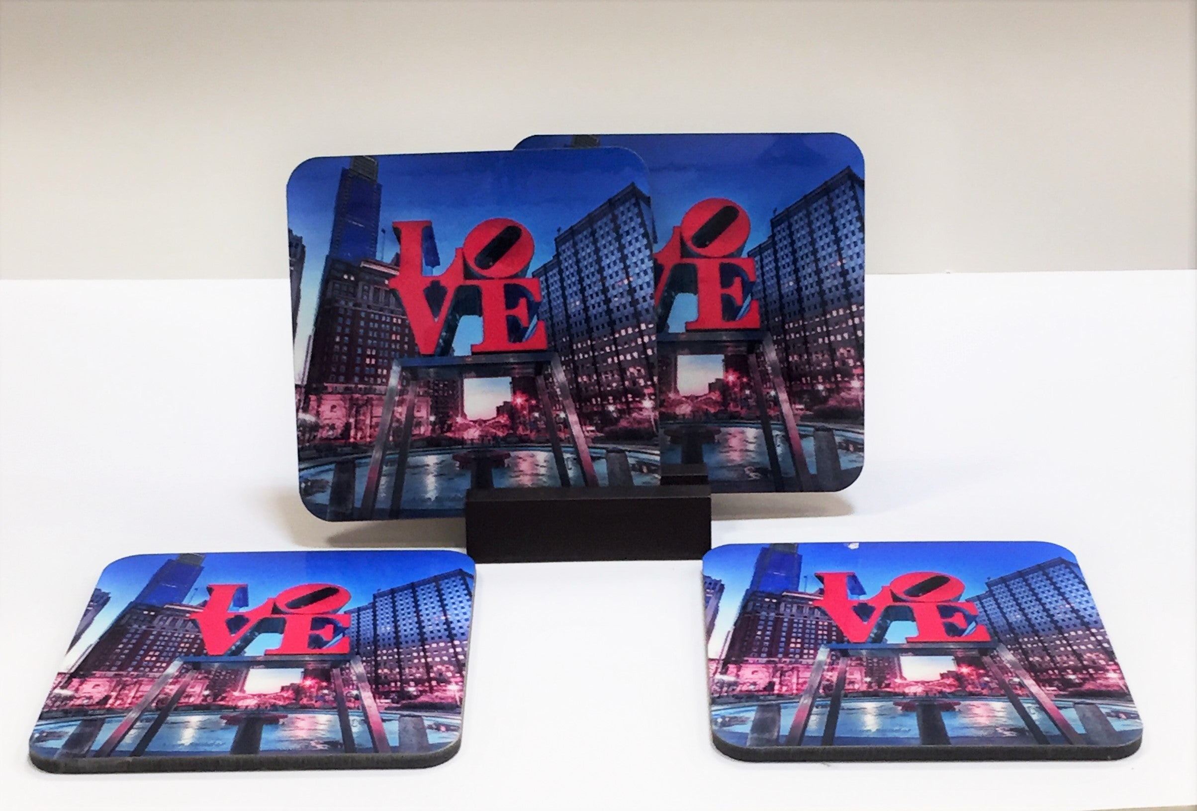 Love Park Coasters Philadelphia - Set of 4 (with Mahogany Display Stand)